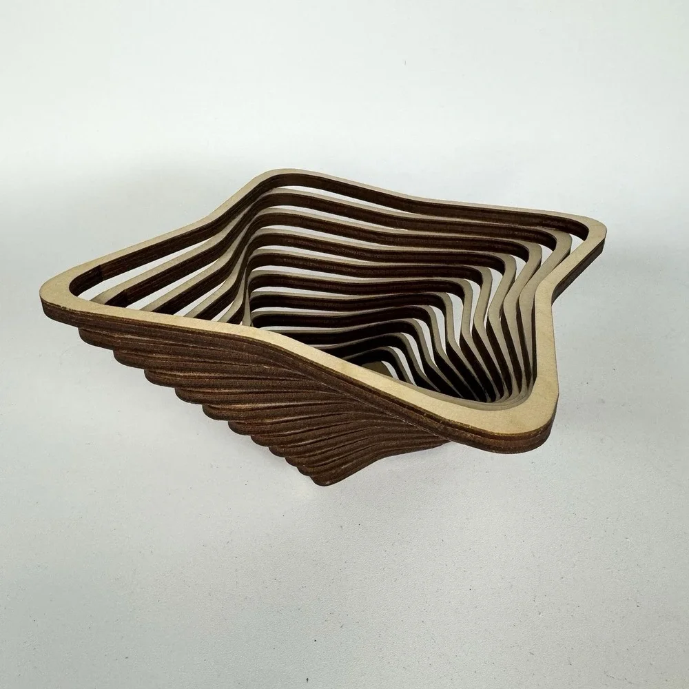 Baltic By Design Laser Cut Wooden Spiral Bowl Basket Maine USA‎ Square Scalloped